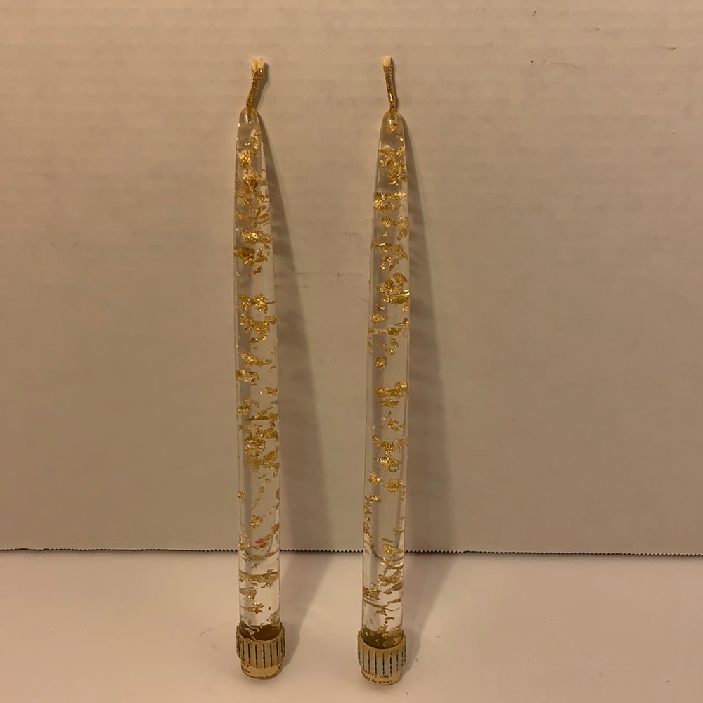 Set of 2 Clear and Gold Foil Flecks Lucite Candles for Vintage Christmas Decor